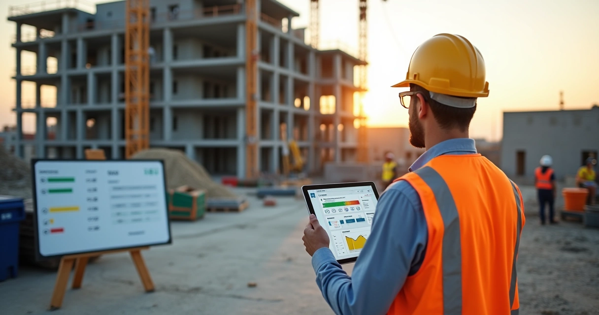 Gestor de obras analisando indicadores em tablet no canteiro de construção 