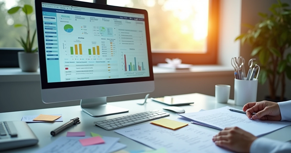 Computador mostrando sistema odontológico moderno ao lado de planilhas manuais e lembretes escritos à mão em uma mesa de clínica dentária 