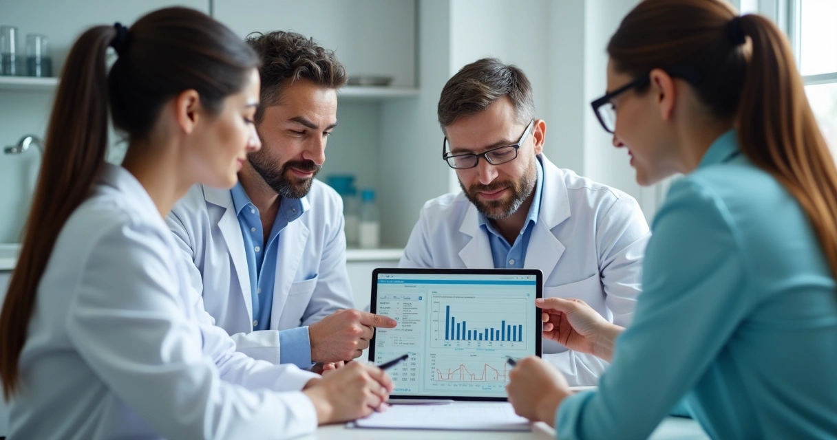 Equipe de clínica odontológica usando tablet para analisar gráficos financeiros 