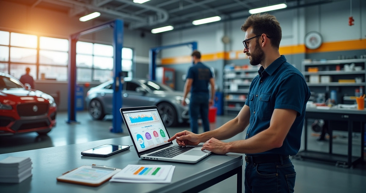 Gerente de oficina automotiva analisando indicadores com equipe em oficina organizada 