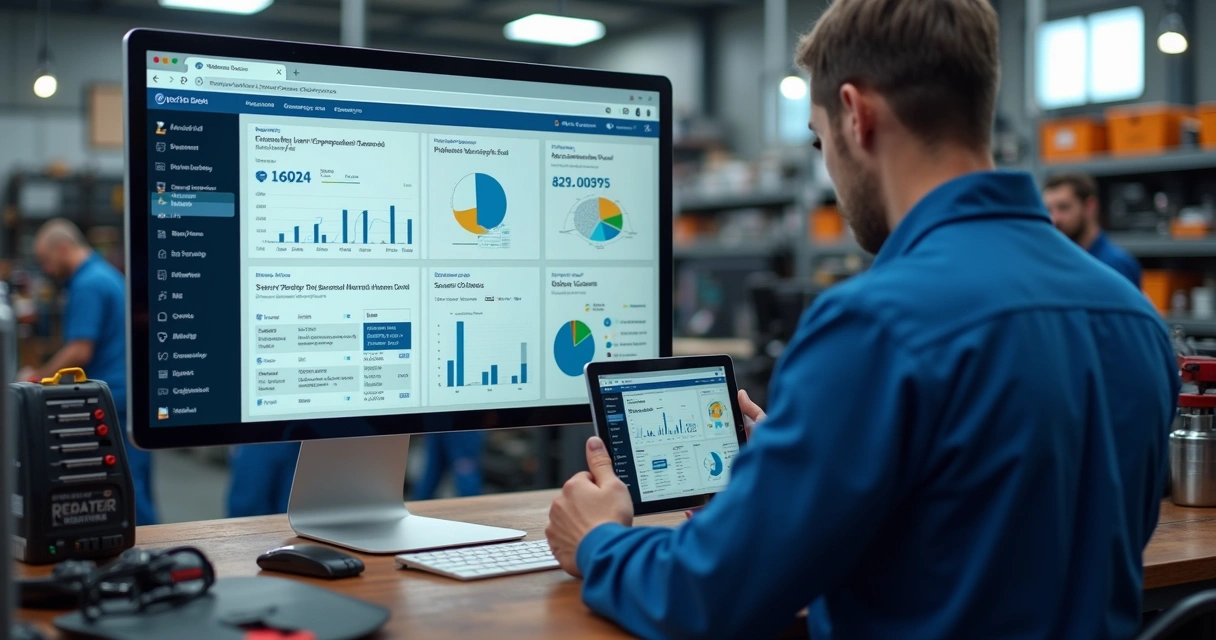 Tela digital com sistema de gestão para oficina mecânica exibindo controle de estoque, financeiro e ordens de serviço 