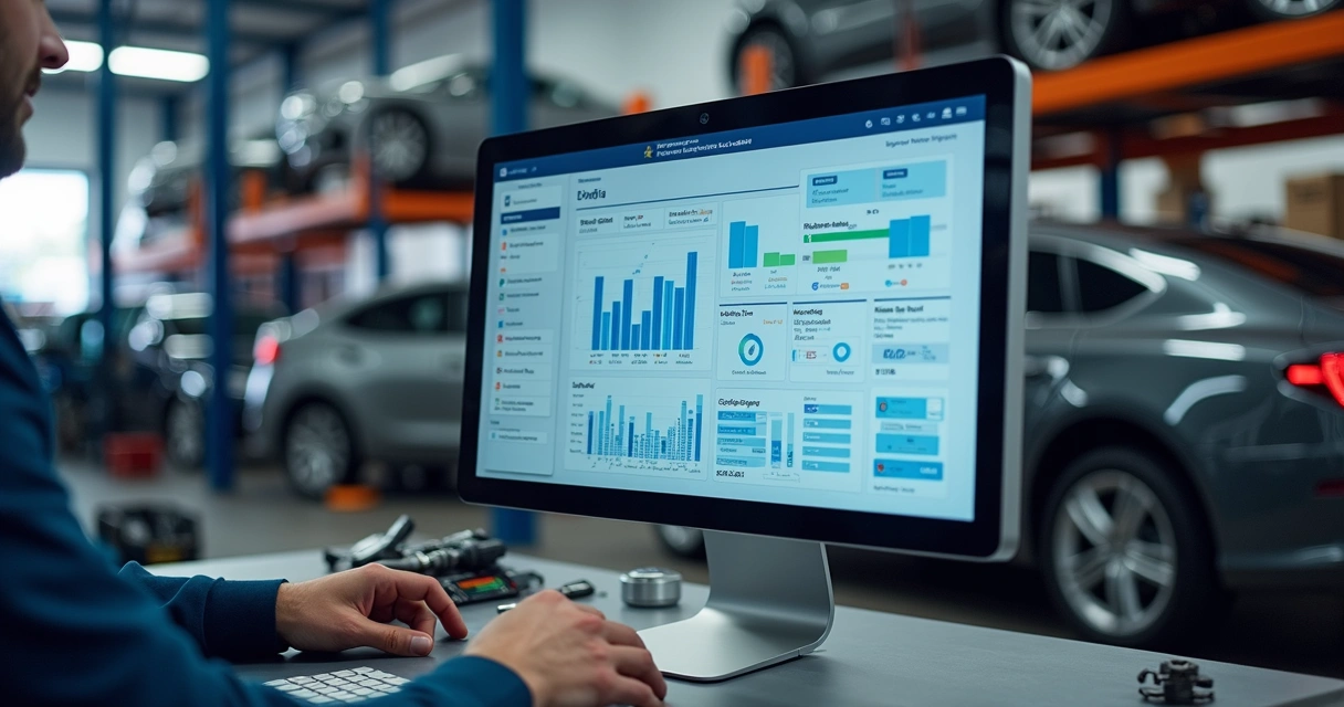 Computador com sistema de gestão digital para oficina mecânica mostrando controle de ordens de serviço, estoque e finanças em ambiente moderno da oficina 