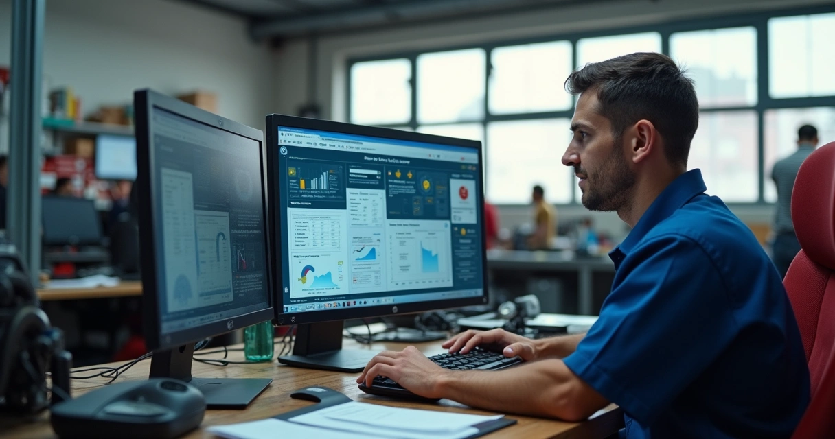 Mecânico analisando o computador na oficina, com tela mostrando sistema de gestão fiscal