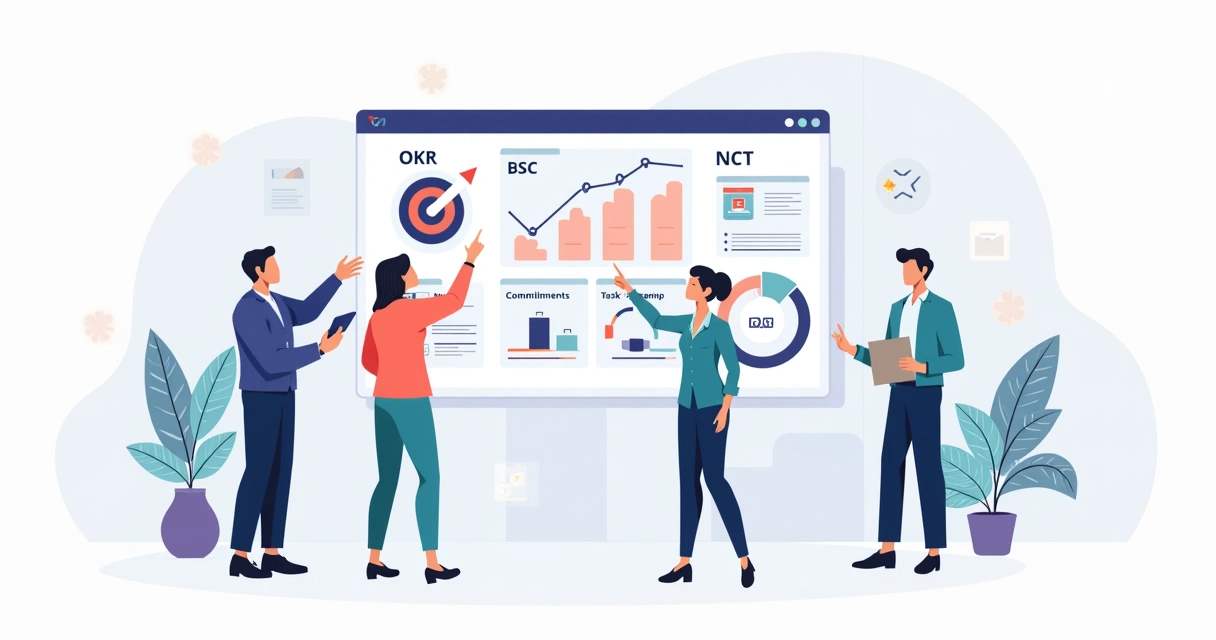 Ilustração de líderes avaliando painéis com OKR, BSC e NCT em ambiente corporativo 