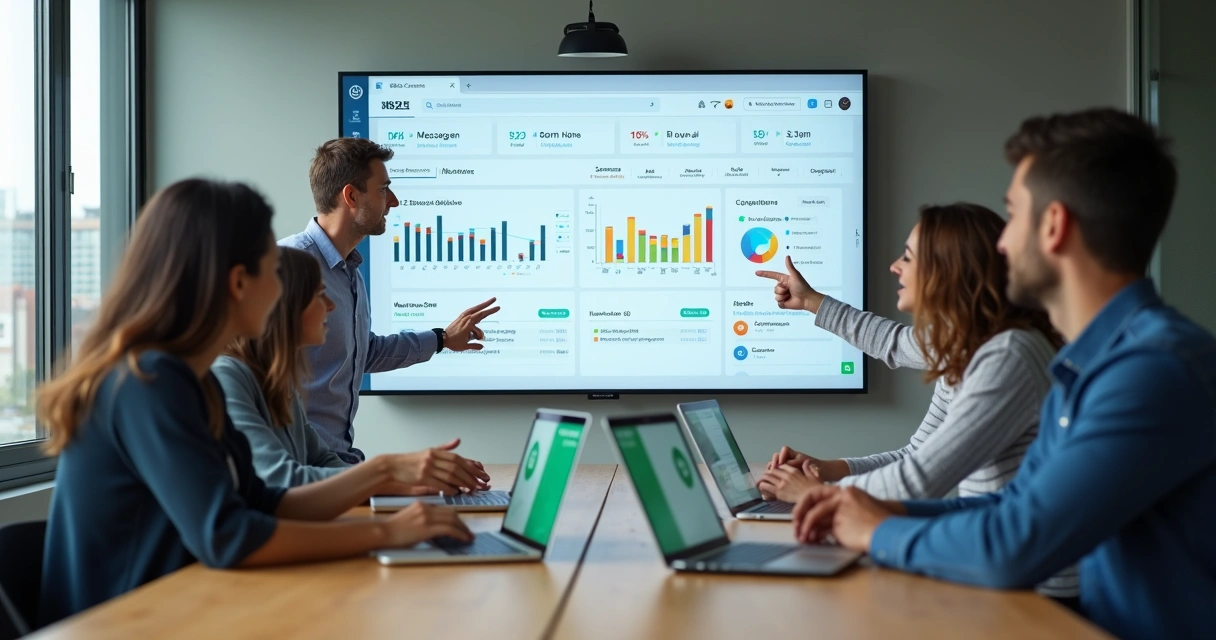 Gestores de pequena empresa analisando dashboard de OKRs e KPIs em tela grande 