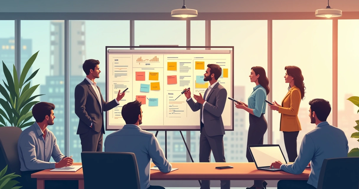 Equipe reunida em torno de quadro branco, discutindo objetivos e resultados-chave do OKR 