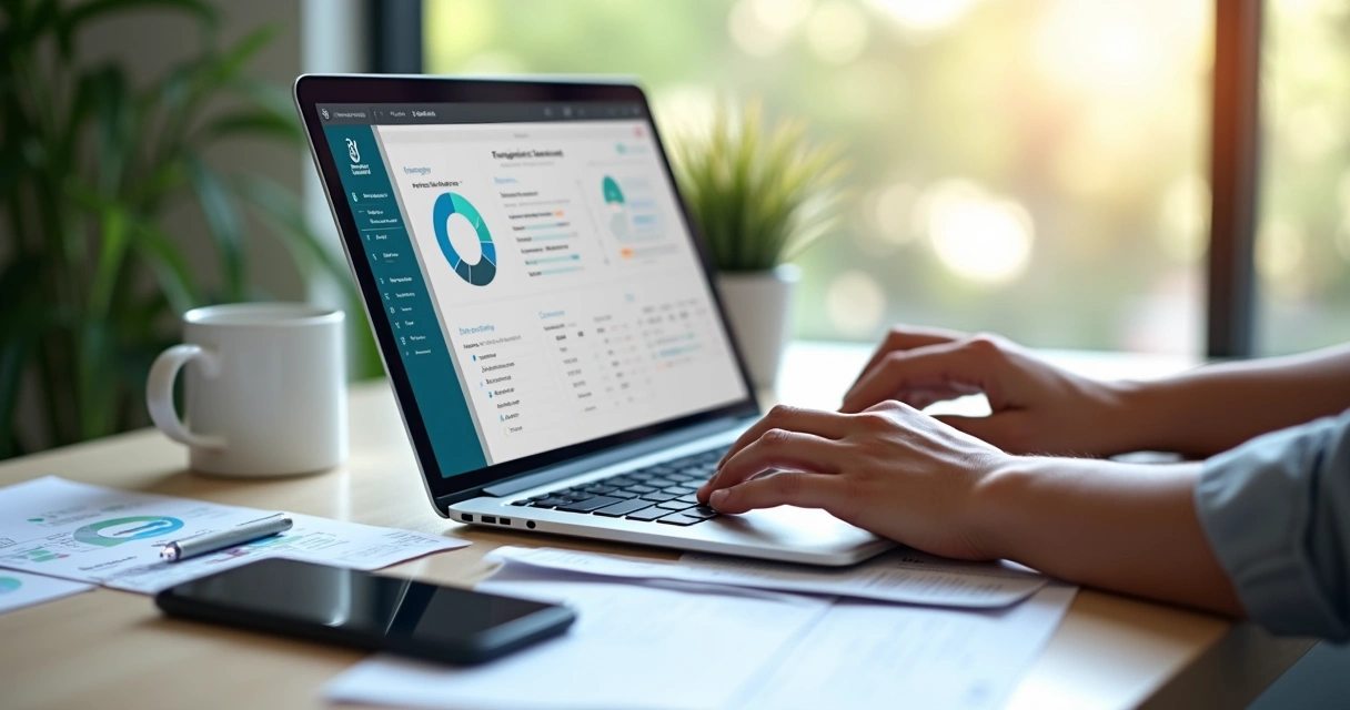 Área de trabalho com notebook aberto exibindo dashboard de gestão online, xícara de café e celular ao lado 