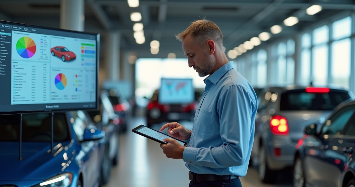 Gerente de loja de carros usando tablet com painel digital 