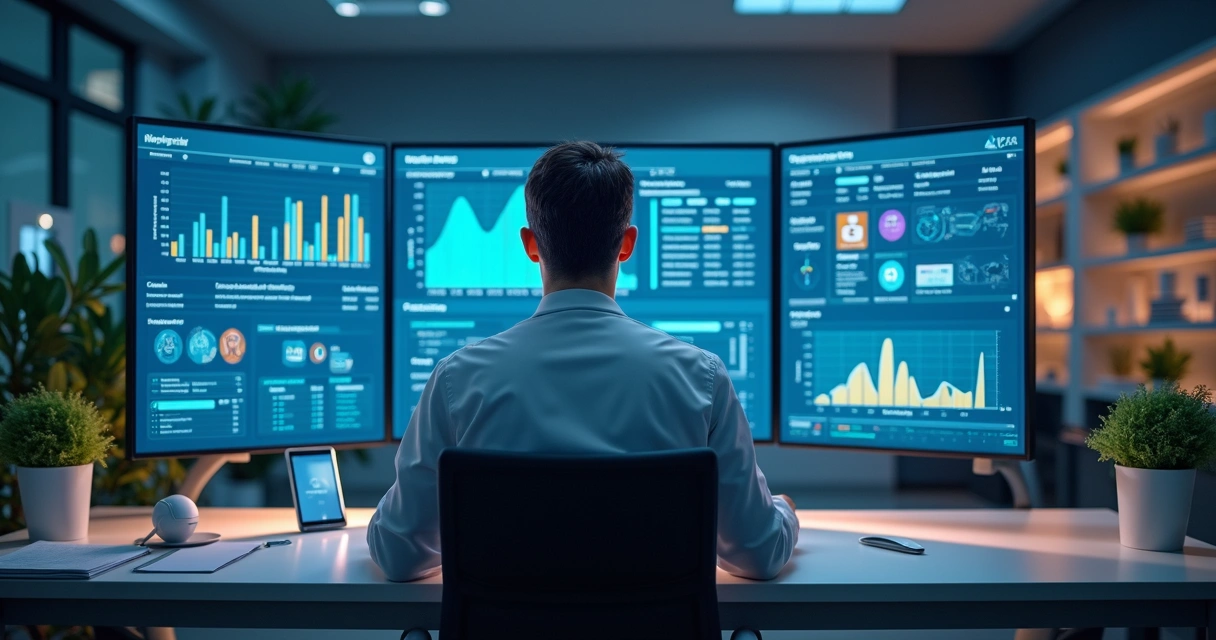Profissional de saúde analisando dashboards digitais com indicadores operacionais e gráficos em escritório moderno 