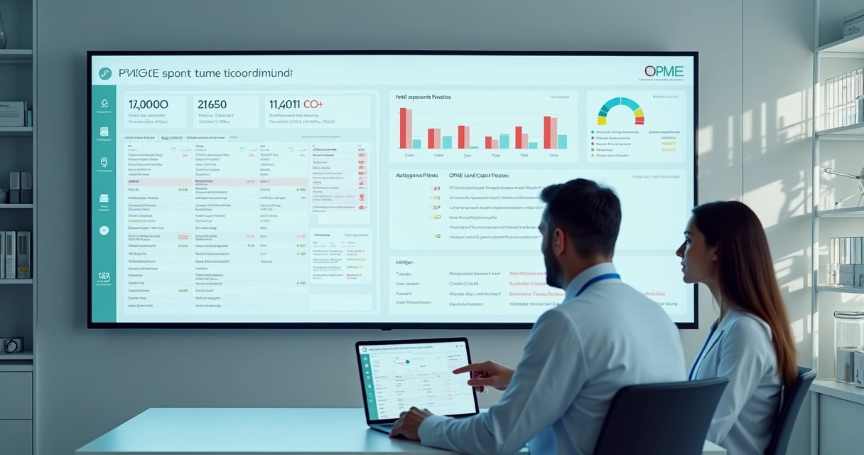 Sala administrativa de clínica organizando gestão de OPME em painel digital 