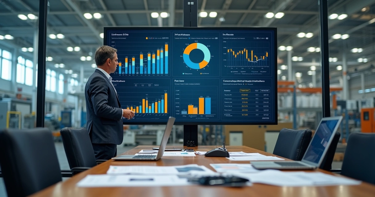 Gestor analisando orçamento industrial em painel financeiro digital 