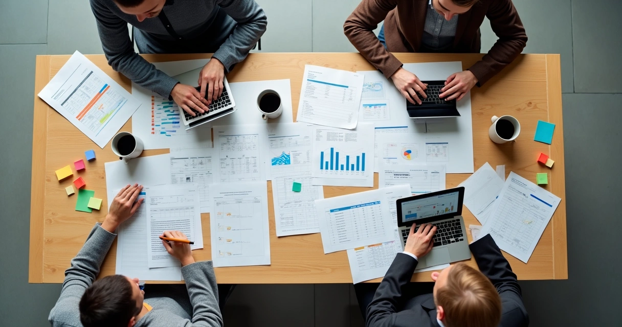 Equipe PME revisando orçamento anual em mesa de reunião 