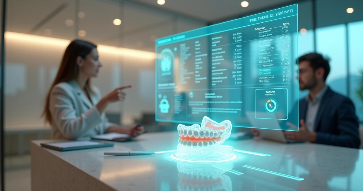 Quadro translúcido flutuante com orçamentos ortodônticos ao lado de aparelho dental 3D 
