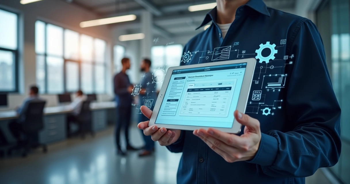 Técnico usando tablet para gerenciar ordens de serviço digitais em ambiente de trabalho moderno 