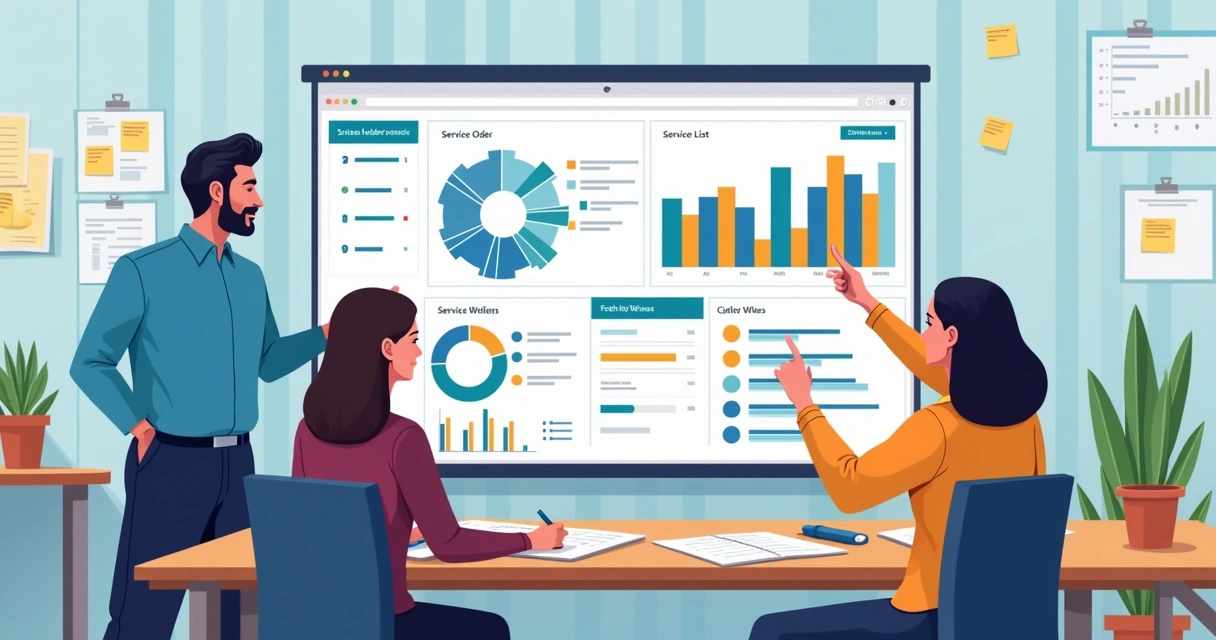Equipe analisando ordens de serviço na tela de um computador 