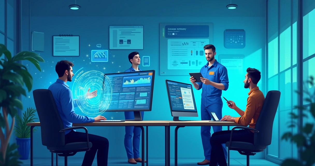 Equipa de técnicos de internet utilizando IA para gerenciar ordens de serviço e agendamentos de forma eficiente.