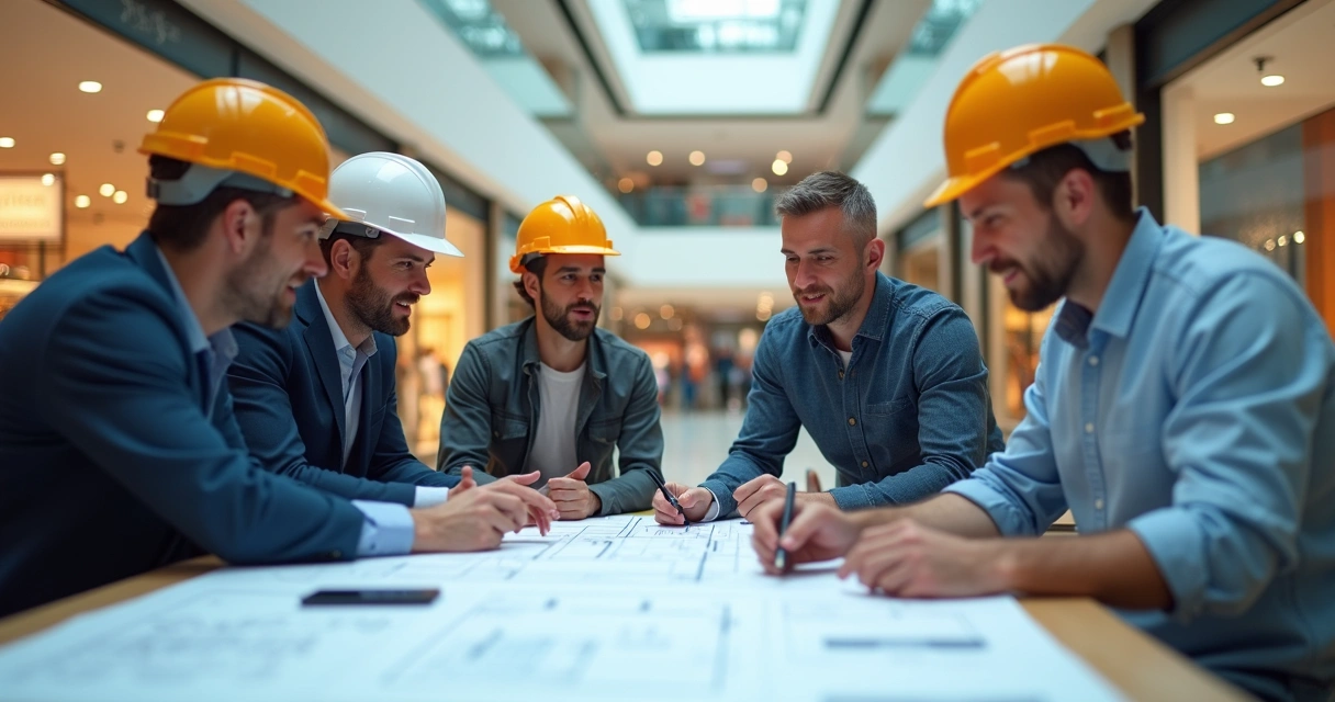 Equipe de obra analisando projetos técnicos em um shopping center 
