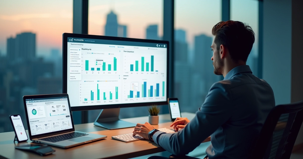 Empresário analisando painel digital com gráficos de pagamento mensal e diferentes meios de cobrança 
