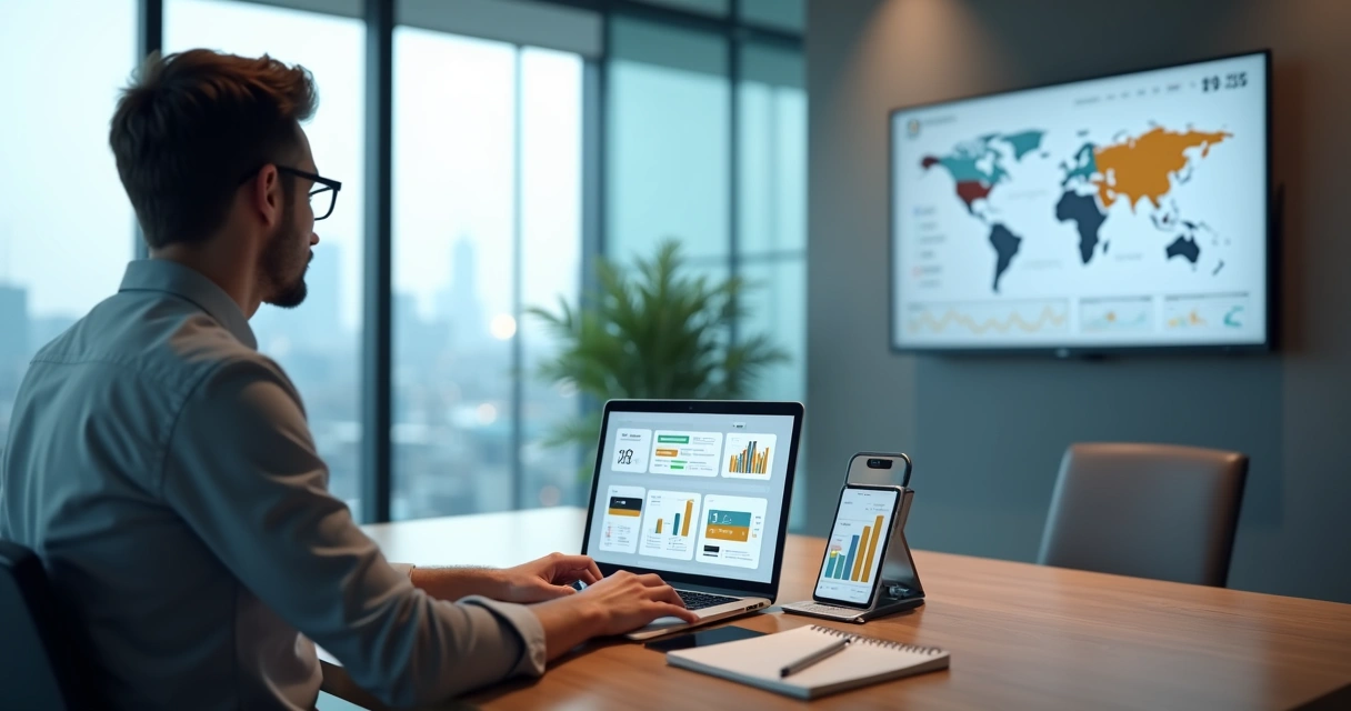 Empresário analisando painel digital de gestão de pagamentos online em um notebook 