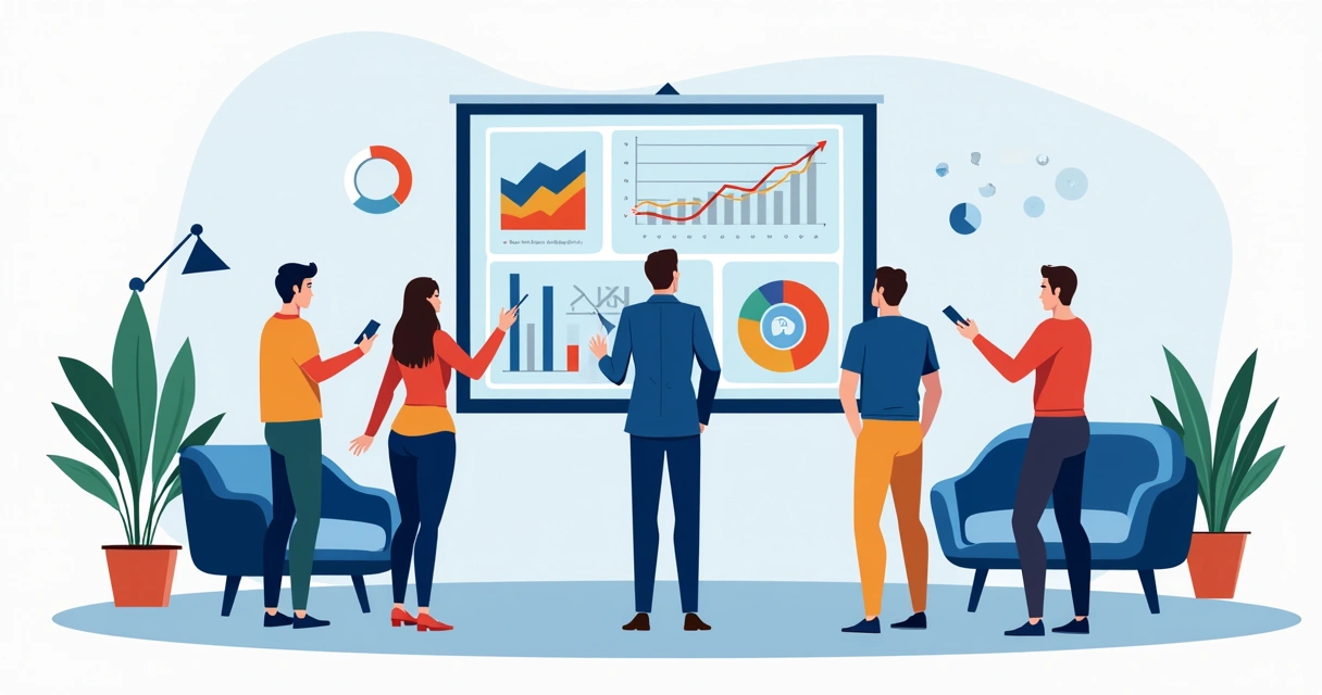 Gestor apresentando dashboard de desempenho para parceiros de negócio 
