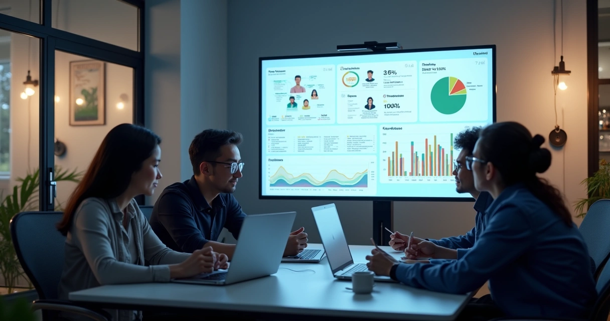 Equipe analisando painel de gestão de parceiros 