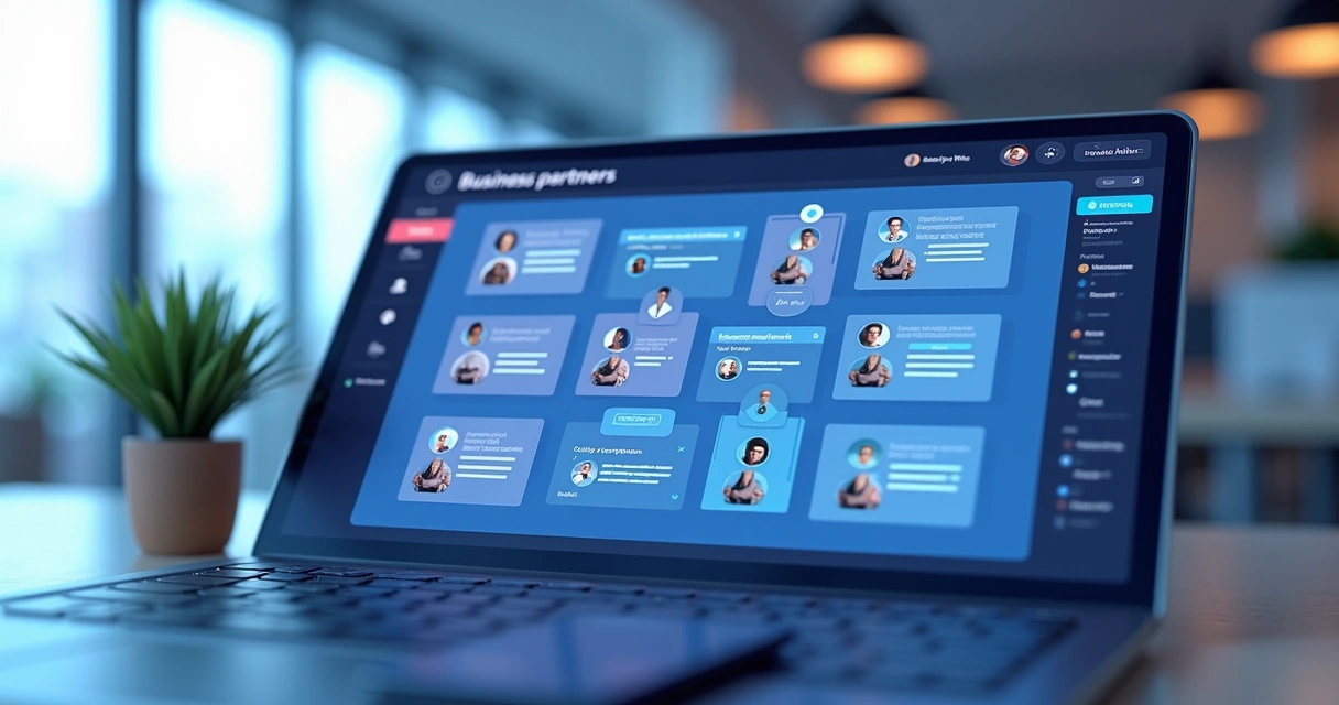 Quadro de gestão com fichas de parceiros organizadas por perfil e status 