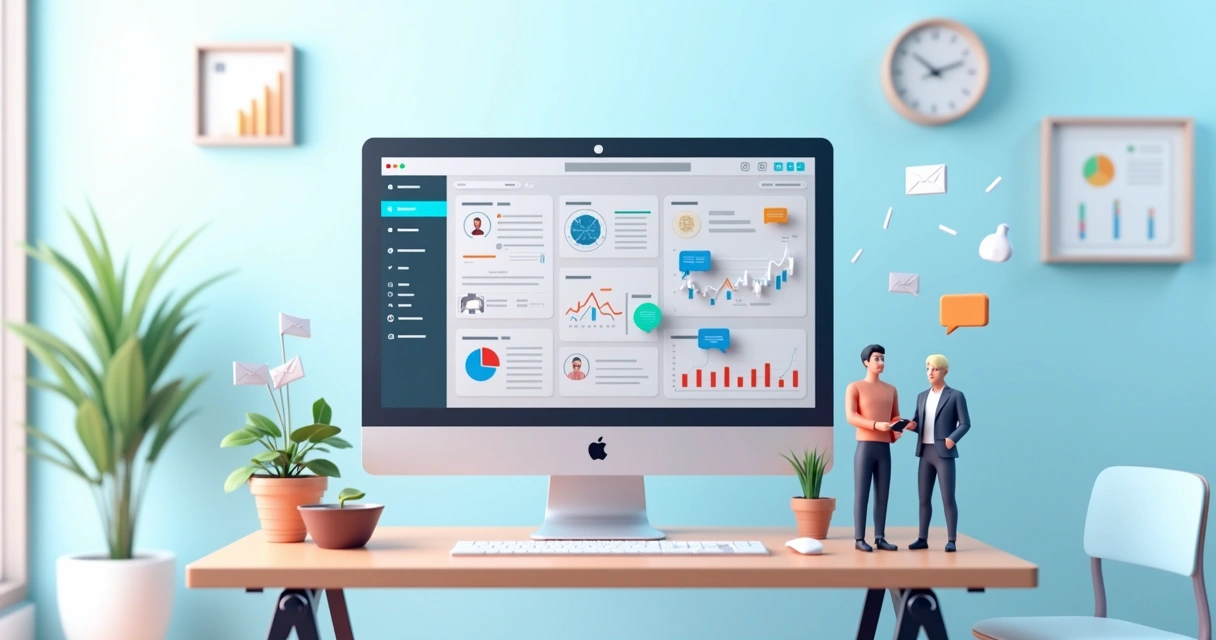 Painel digital mostrando tarefas, contatos e funil de parceiros de pequenas empresas 