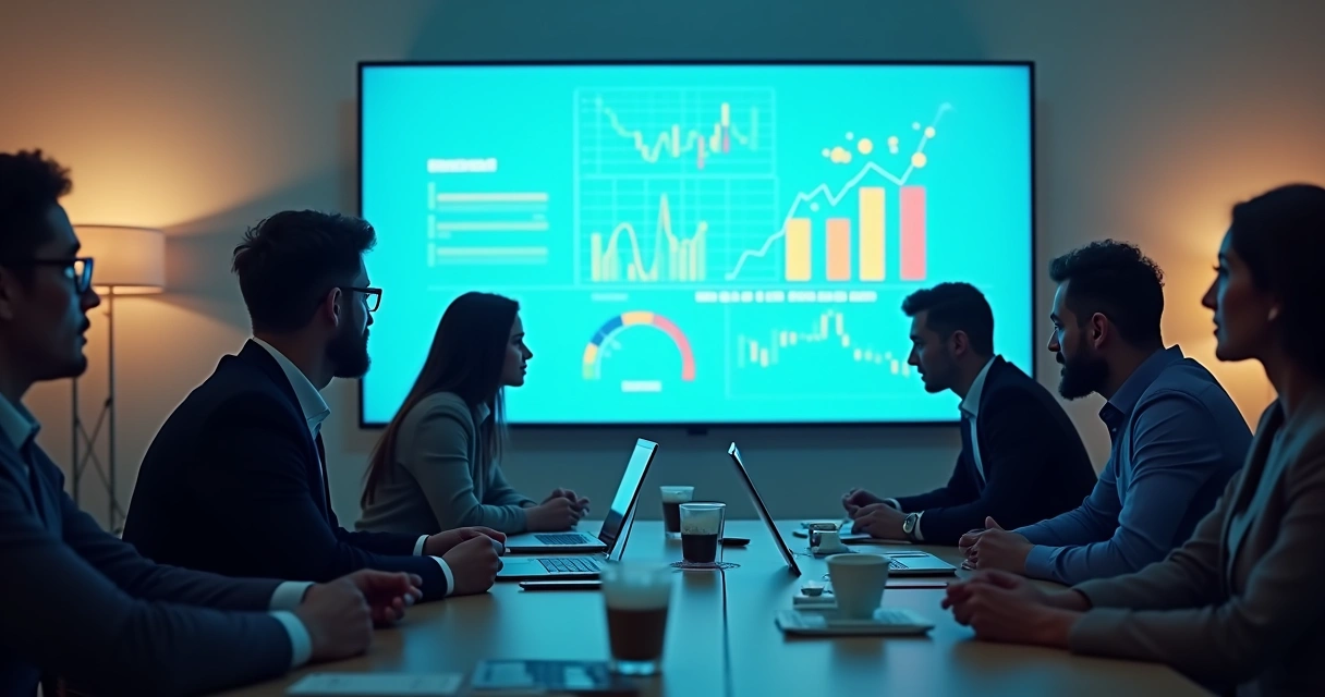 Equipe de negócios B2B analisando indicadores de parceria em painel digital 