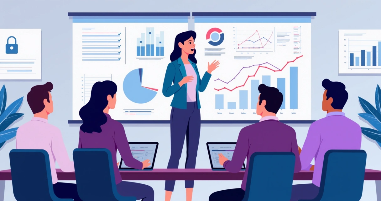 Businesswoman surrounded by partnership strategy flowcharts, commission graphs, and happy partners shaking hands 