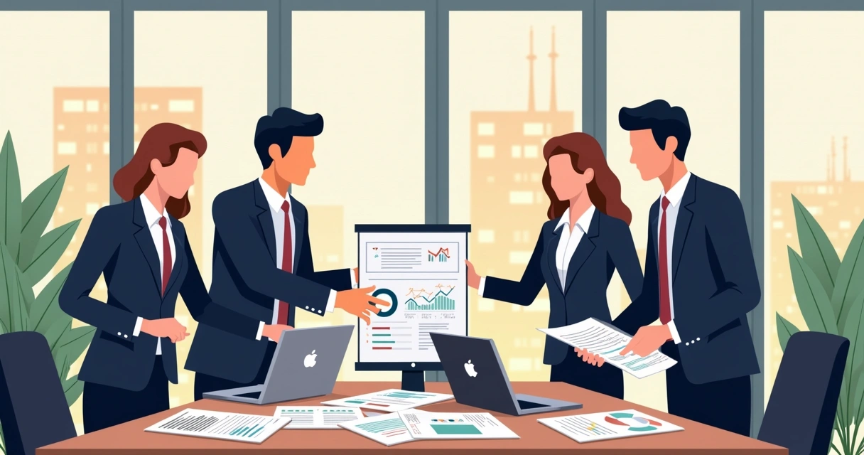 Reunião de equipe de advogados analisando parcerias e relatórios 