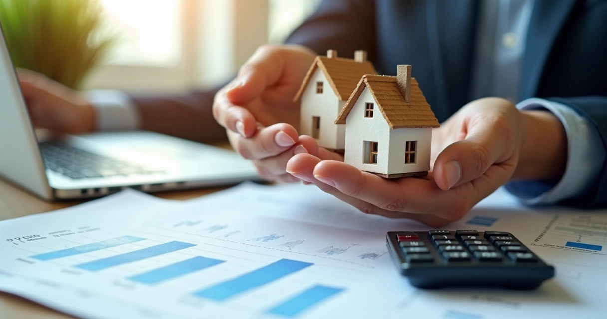 Mãos segurando modelos de casas e gráficos financeiros em fundo de mesa com documentos e calculadora 