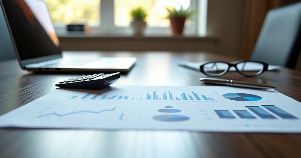 Mesa de reunião com documentos e gráficos sobre organização patrimonial familiar, ambiente corporativo sofisticado e detalhes de laptop e calculadora 