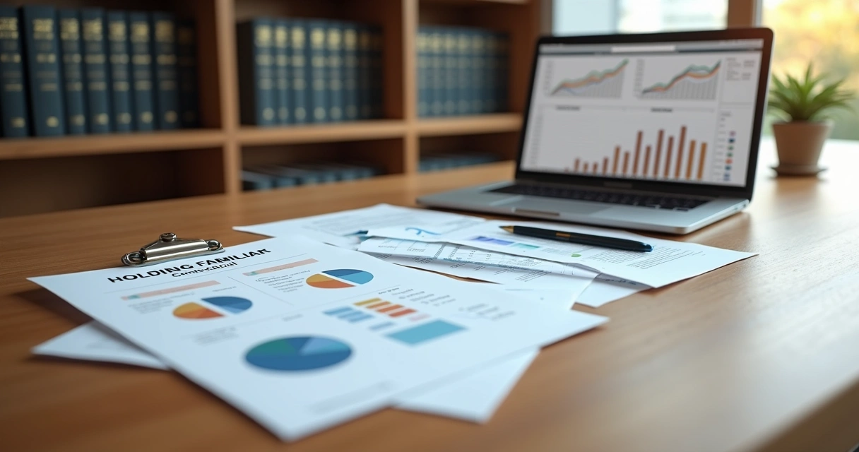 Mesa com documentos de holding familiar, contratos sociais e laptop aberto com gráficos financeiros na tela 