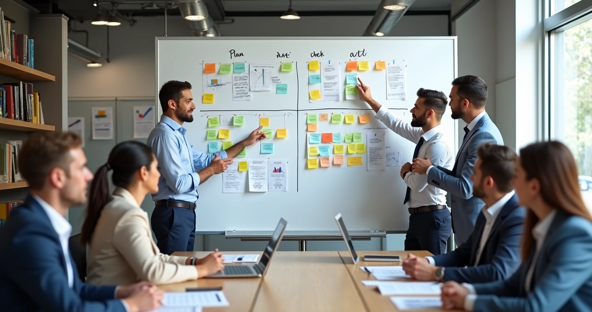 Representação do ciclo PDCA com quatro etapas em um quadro branco com gráficos e notas adesivas 