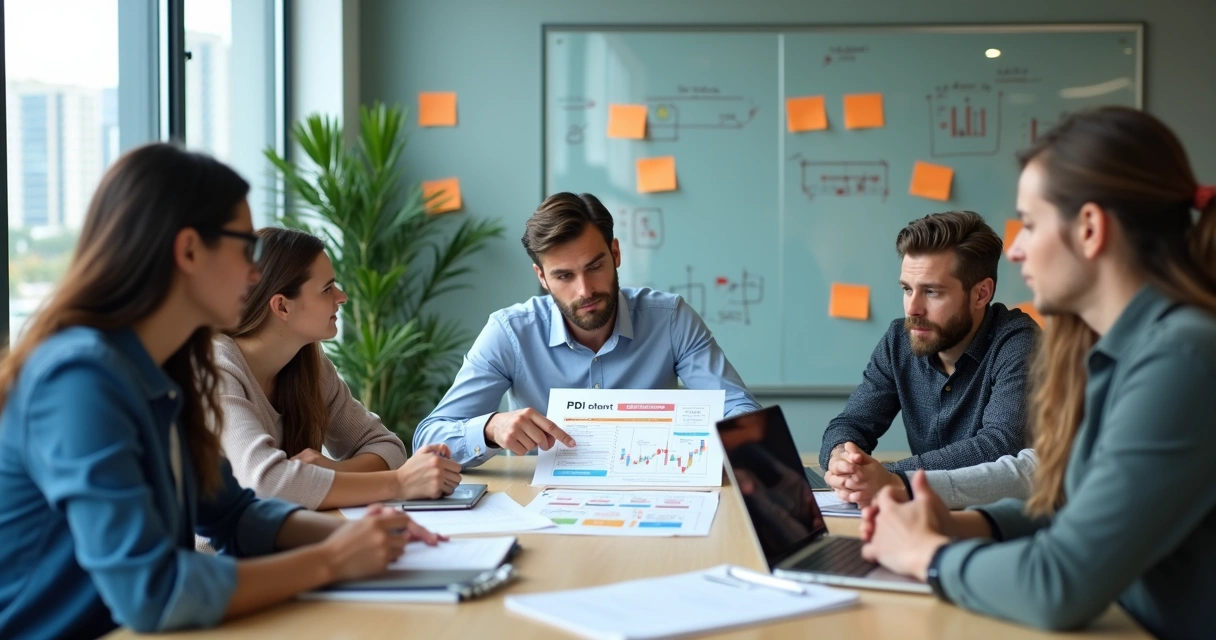 Gestor de RH alinhando plano de desenvolvimento individual com pequena equipe em reunião 