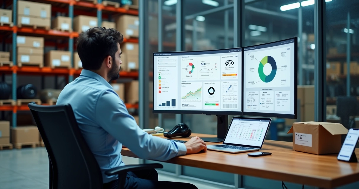 Gestor de autopeças usando plataforma digital para controlar estoque e pedidos 