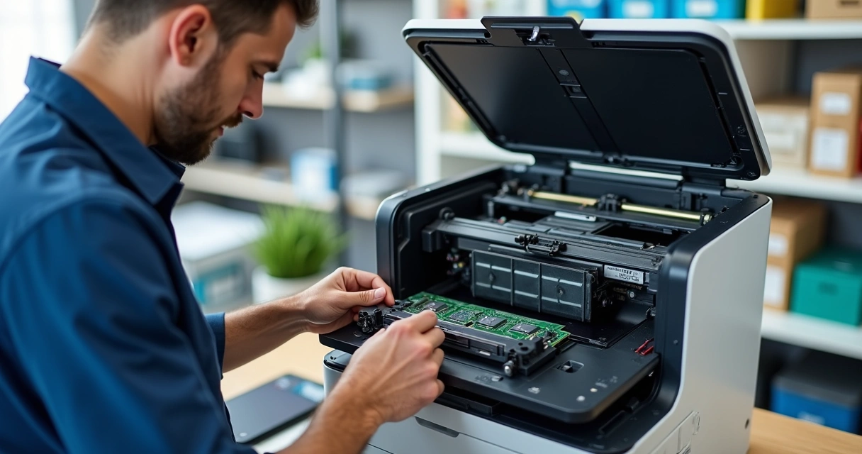 Impressora multifuncional aberta mostrando peças internas com técnico verificando componentes em ambiente corporativo organizado 