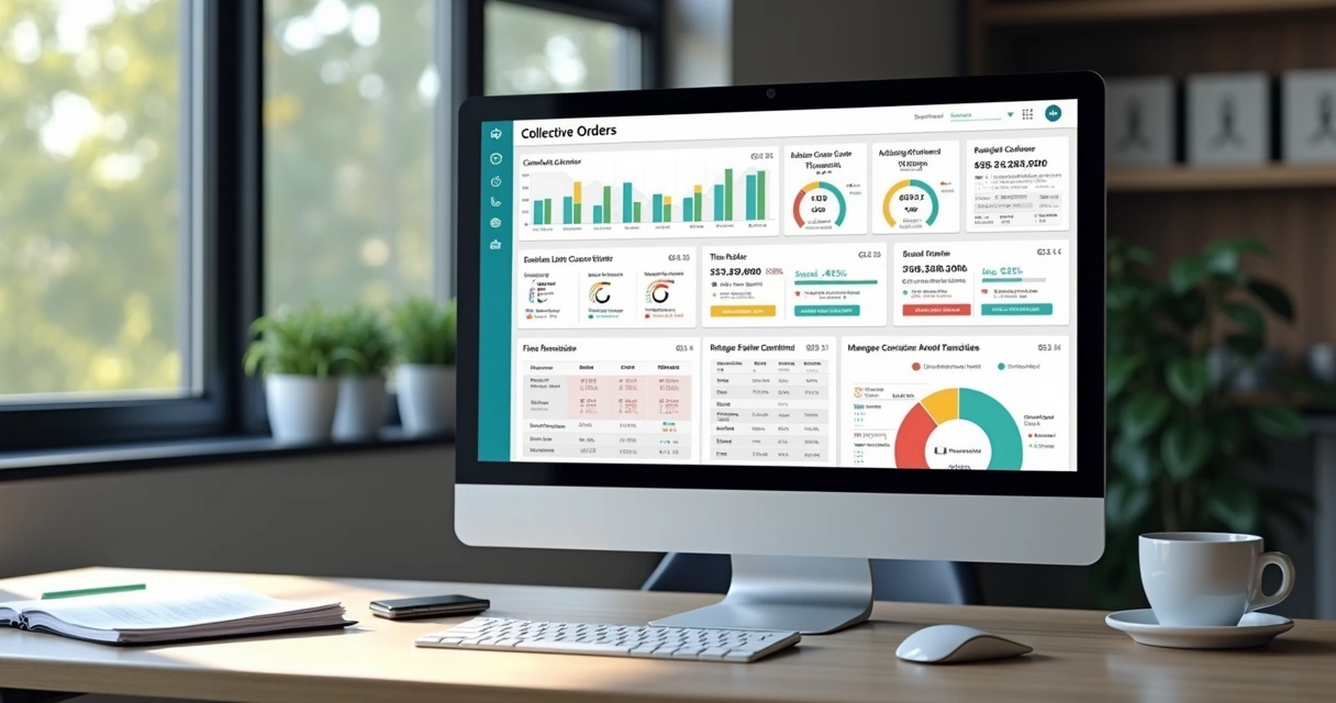 Computador mostrando painel digital de gestão de pedidos coletivos com gráficos e status de franqueados 