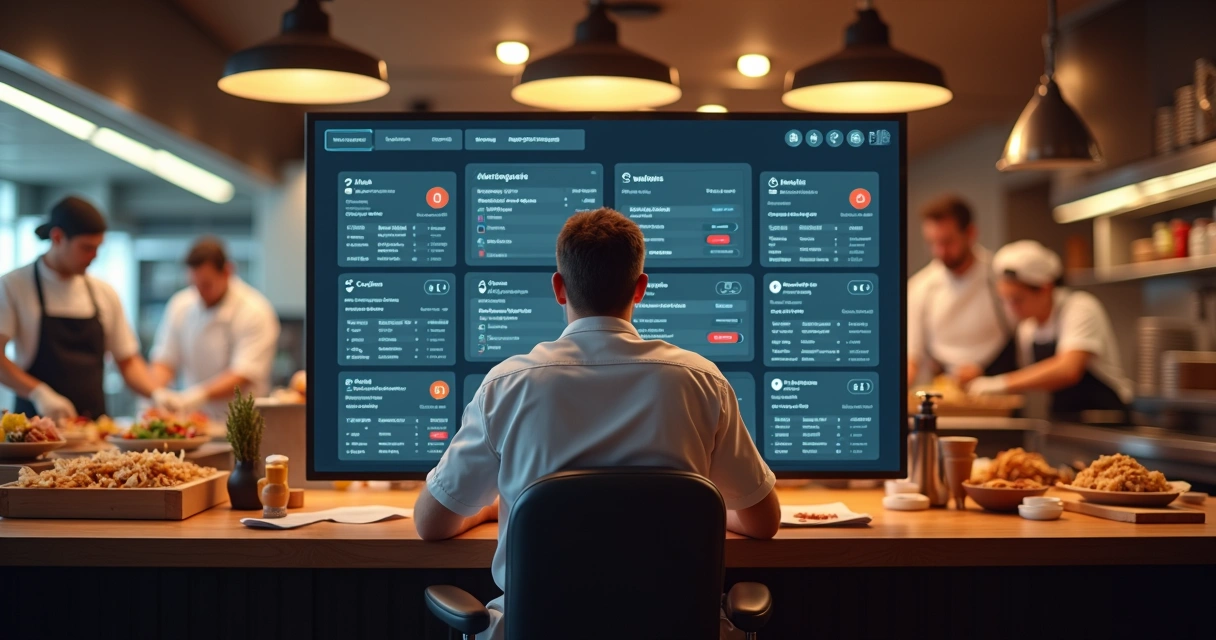 Gestor de restaurante acompanhando pedidos pelo computador 
