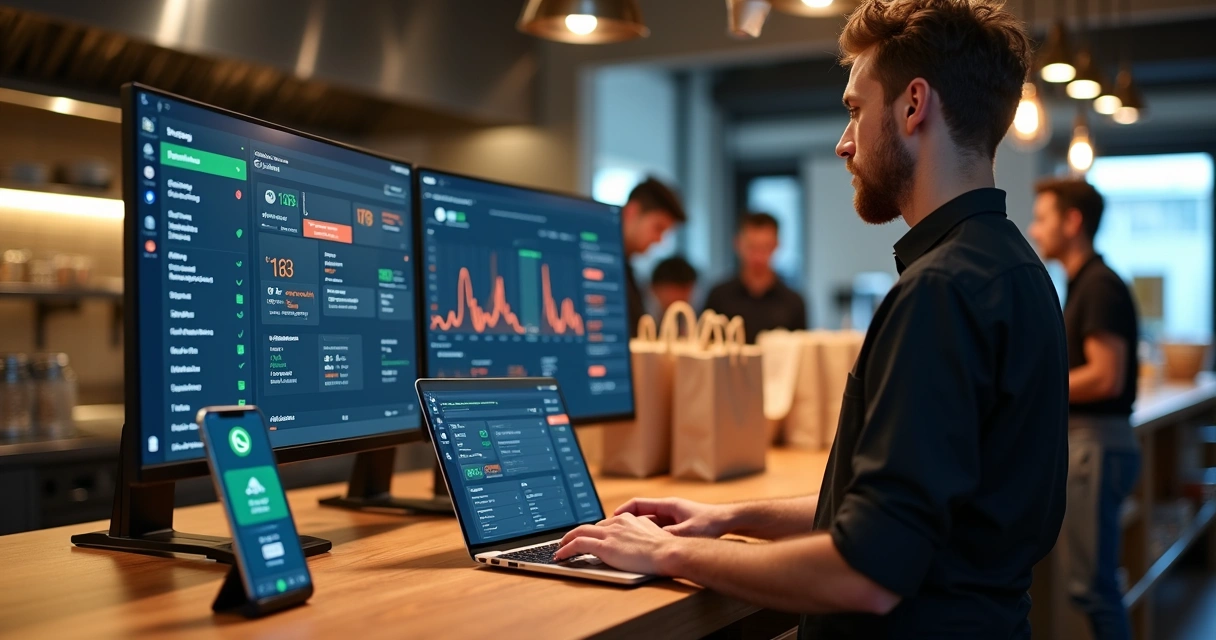 Gestor de restaurante monitorando pedidos online em várias telas 