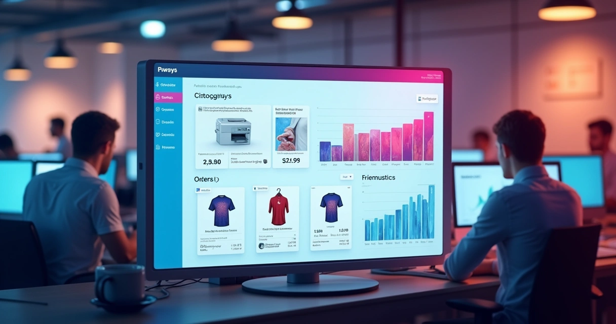 Painel de gestão de pedidos gráficos com cards, status de produção e gráficos coloridos 