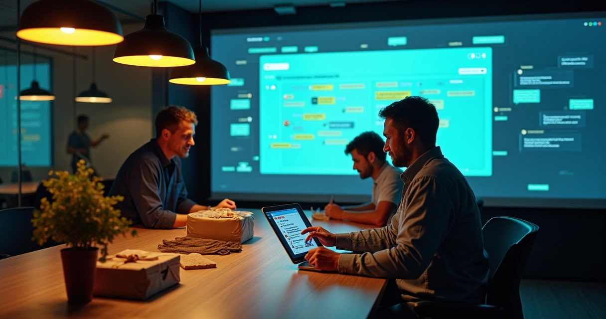 Equipe de delivery organizando pedidos digitais do WhatsApp em painel central 