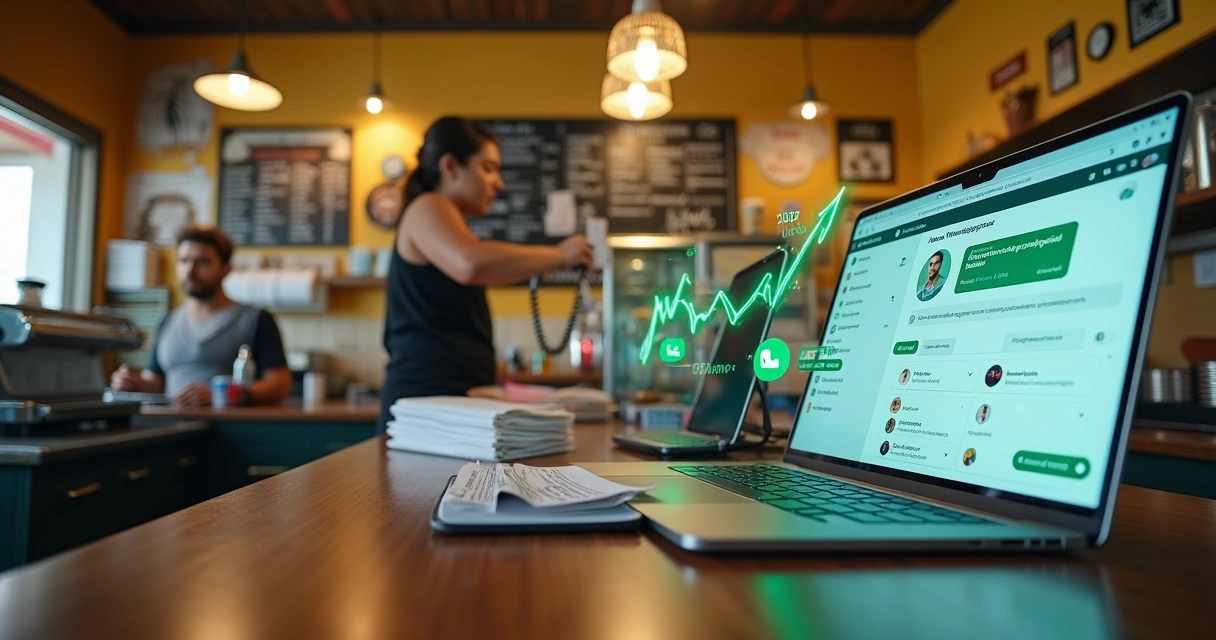 Comparação visual entre balcão de pedidos tradicional e atendimento por WhatsApp em restaurante 