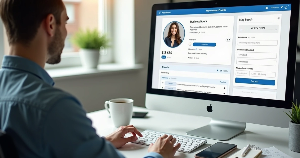 Pessoa atualizando perfil comercial no computador 