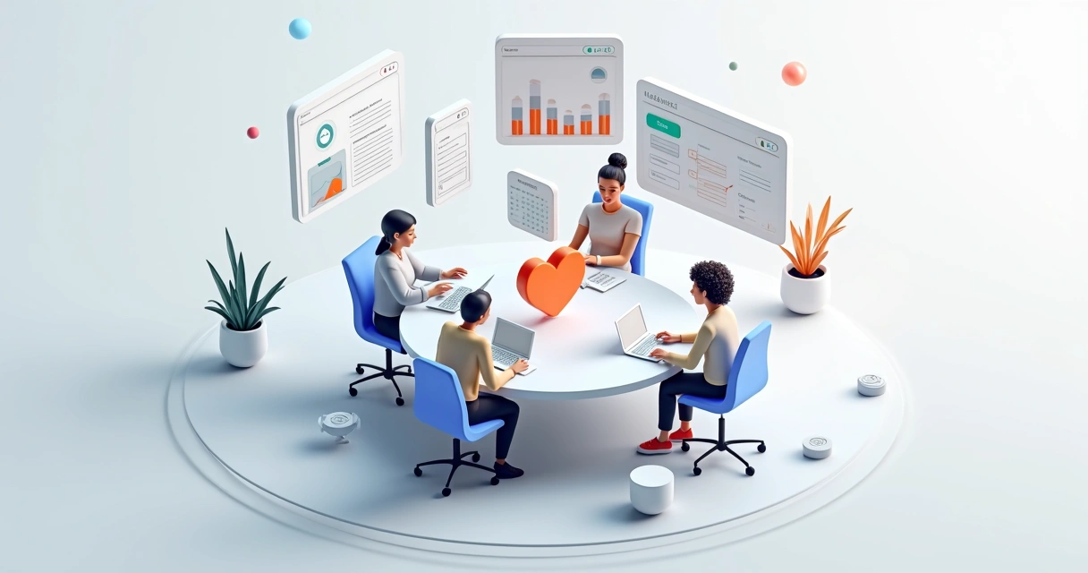 Equipe em escritório moderno conectando performance bem-estar e organização 