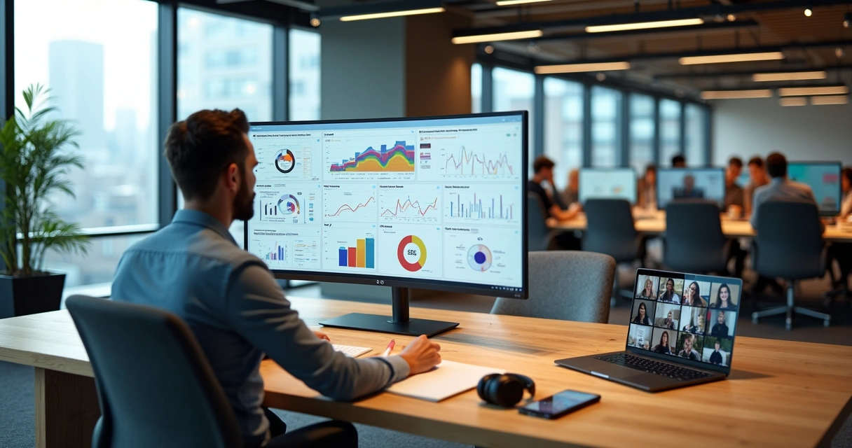 Gestor avaliando indicadores de equipe remota em coworking moderno 