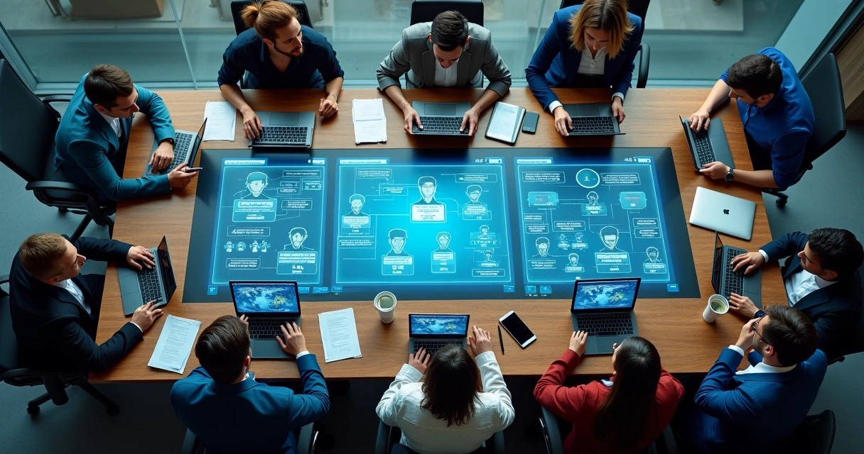 Equipe de tecnologia reunida em volta de uma mesa com telas exibindo gráficos de permissões