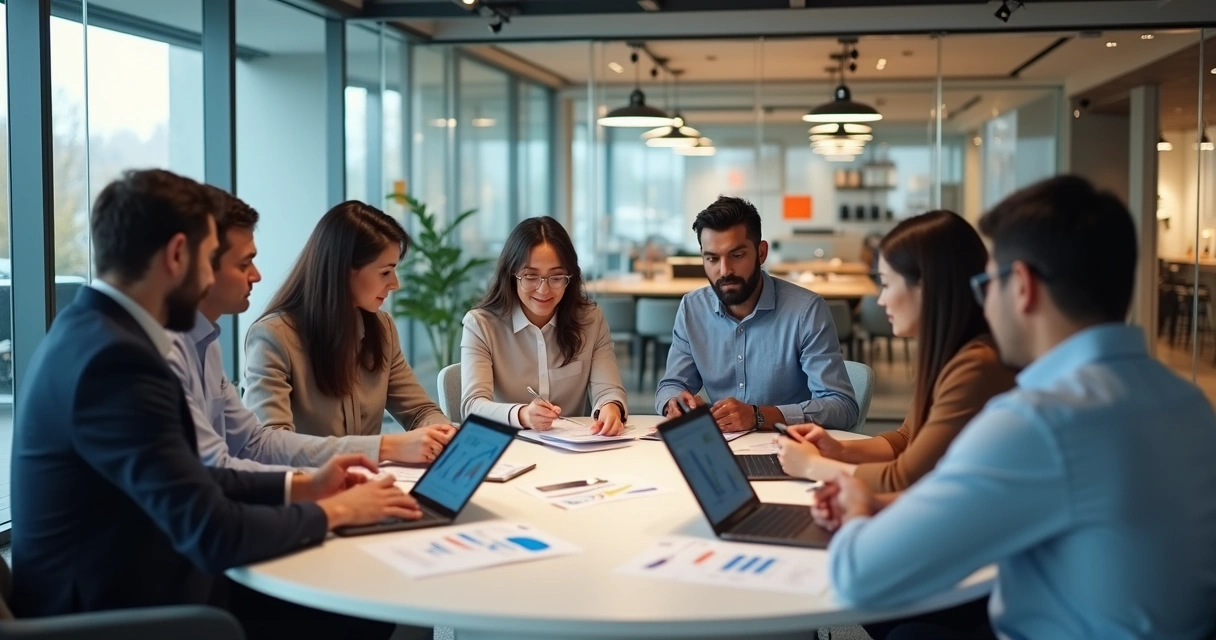 Equipe de diferentes áreas reunida em escritório moderno em reunião de gestão de pessoas 