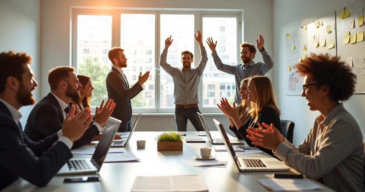 Equipe em reunião celebrando conquista profissional 