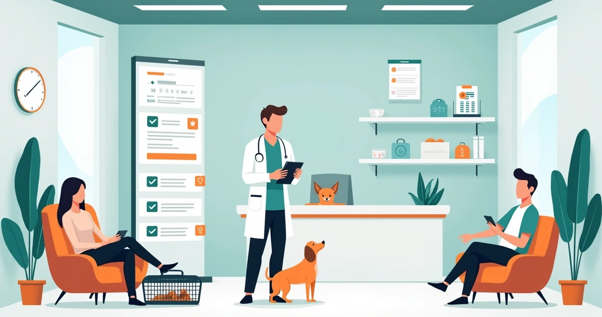 Clínica veterinária organizada com tecnologia digital e pets na recepção 
